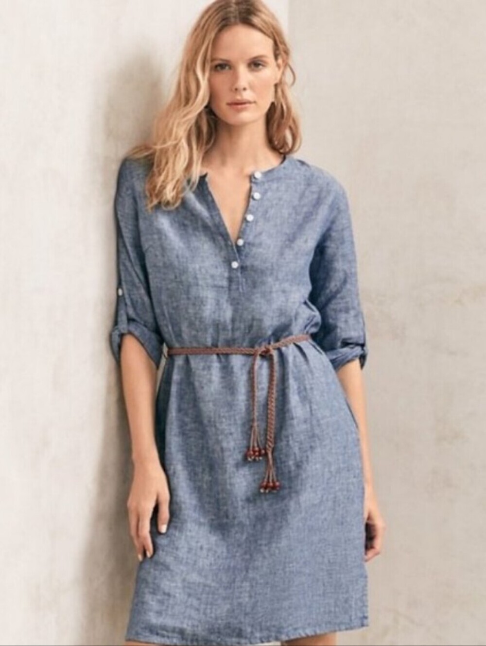 NEW Garnet Hill 100% Linen Dress Blue Waist Belt Size 16